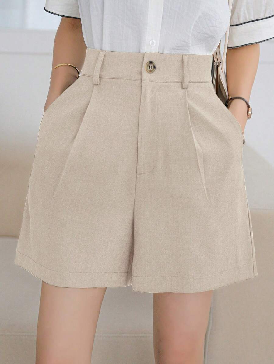 DAZY Women's Solid Color Front Button Pocket Pleated Loose Wide Leg Shorts Summer - Khaki - View 1