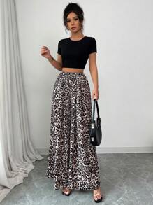 Elenzga Pantalones holgados de cintura alta con estampado de leopardo, pantalones plisados casuales de flujo primavera/verano nuevo