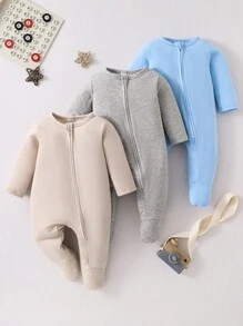 SHEIN 3pcs Set Newborn Plain Blue, Beige, Gray Long Sleeve Footed Jumpsuit Pajamas - Blue - View 4