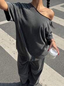 SHEIN EZwear Western Wear Women's Summer Retro Loose Asymmetrical Shoulder T-Shirt & Pants Set