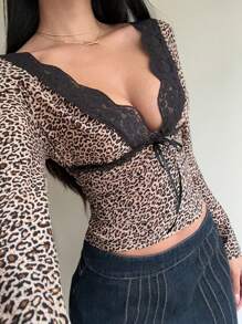 SHEIN EZwear Áo nữ tay dài phối ren buộc dây, kiểu dáng thường ngày, thích hợp mặc hàng ngày. - màu nâu - Xem 5