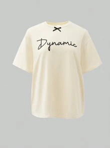 SHEIN Teen's 1pc Solid Color Minimalist Letter Logo Bow Decor Loose Casual Round Neck Short Sleeve T-Shirt