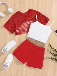 SHEIN Teen Girls 3-Piece Tank Top Mesh T-Shirt And Shorts Set - Red - View 2