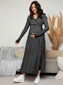 SHEIN Maternity Casual Striped Tie-Up Wrap Long Dress