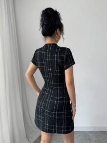 Elenzga Đầm ôm body mini kẻ caro vải tuýt kiểu Pháp thanh lịch dành cho nữ - màu đen - Xem 2