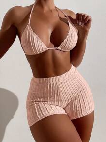 SHEIN Swim Women's Solid Color Sexy Halter Tied Bikini 2 Pieces Swimwear For Summer Beach Vacation - Pink - View 1