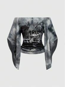 ROMWE Grunge Punk Áo thun in hình mắt nhuộm loang lổ gợi cảm cổ điển Y2K Wild Babe dành cho nữ - màu đen - Xem 1