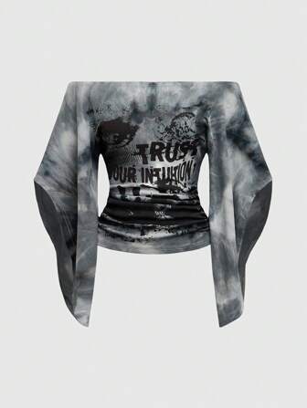 Grunge Punk Y2K Wild Babe Vintage Sexy Off Shoulder Tie-Dye Eye Print T-Shirt For Women