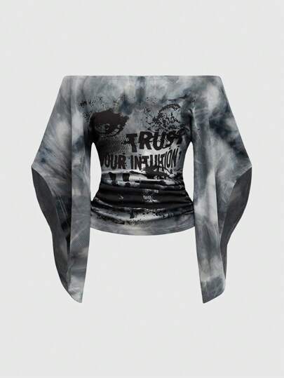 ROMWE Grunge Punk Spring/Summer Graphic Y2K Wild Babe Vintage Sexy Off Shoulder Tie-Dye Eye Print T-Shirt For Women