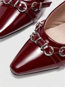 CUCCOO BIZCHIC Women's Square Toe Block Heels Pumps, Wine Red Leather Strap Buckle Office Lady Commuting Style High Heels - Burgundy - View 8