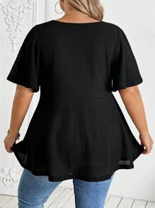 SHEIN CURVE+ Plus Size Women A-Line Short Sleeve Black T-Shirt Top, Versatile Casual Holiday