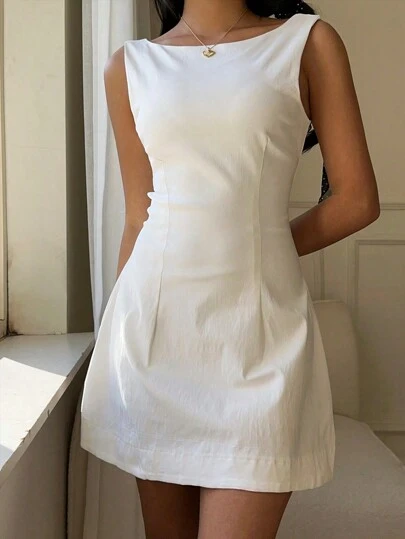 CovetEZ Women Summer Solid Zipper Front Casual Versatile Jumper Dress White Dresses,Summer Dresses For Women,Tea Party Dress,White Graduation Dress,Business Casual Woman