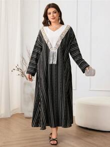 Al Najma Plus Size Women Patchwork Fringe Striped Casual Arabic Style Dress Kaftan Jalabiya Dress - Multicolor - View 4