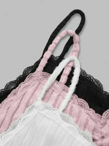 SHEIN LUNE Women's Solid Color Fuzzy Knit Ribbed Splice Lace Trim Shirring Slim Fit Camisole 3-Piece Set, Autumn/Winter