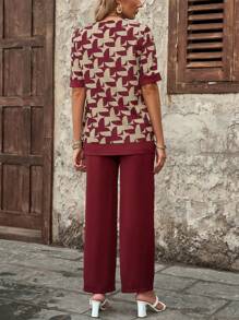 EMERY ROSE Women's Summer Geometric Pattern Shirt And Straight-Leg Pants Set - Red - View 2