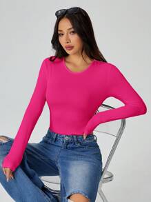 SHEIN PETITE Solid Long Sleeve Slim Fit Rosy T-Shirt Bodysuit - Hot Pink - View 6