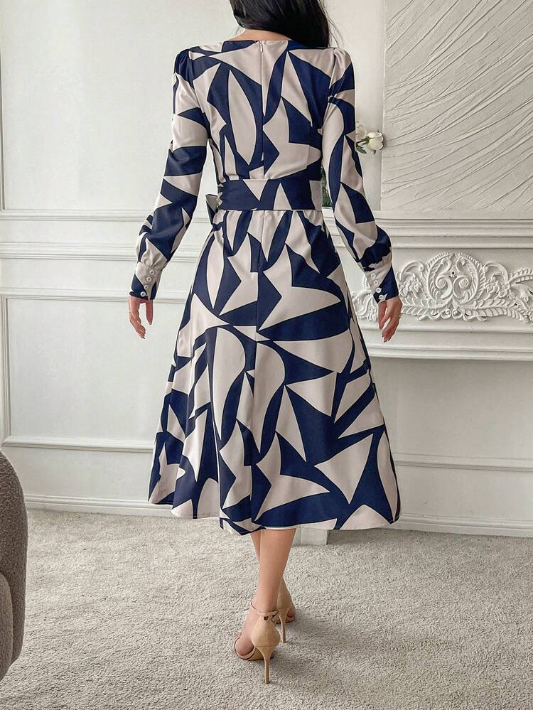 Geometric Pattern V-Neck Puff Sleeve Belted Midi Dress For Women,Casual Women Dresses,Fall Dress Long Sleeve Dress