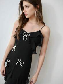 MOTF STUDIO FAUX PEARL BOW DECOR RUFFLE TRIM CAMI DRESS,VALENTINE'S DAY OUTFIT,SPRING/SUMMER - Black - View 6