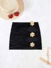 Dazy - Less Women's Solid Color Front Center Hollow Out 3 Metal Flower Decor Chiffon Cover Up Skirt, Festival Boho, For Summer Beach Vacation - Black - View 6