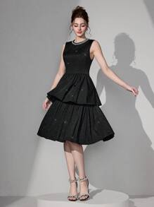 SHEIN Belle Vestido de fiesta elegante de mujer con dobladillo con volantes, sin mangas, de nueva llegada, para invitada de boda a cóctel o baile