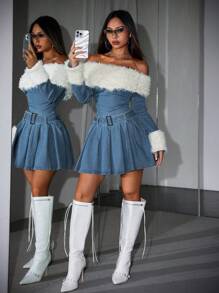 SHEIN ICON 女士牛仔连衣裙性感单肩迷你连衣裙带毛边秋季女装啦啦队服装 Y2k 连衣裙加厚牛仔布毛绒 - 彩色 - 查看 4