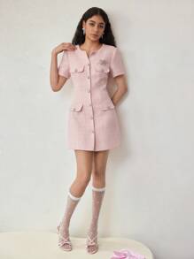 MOTF STUDIO TWEED BUTTON UP DRESS - Pink - View 7