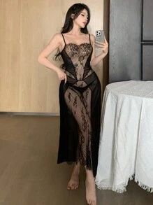 DAZY Mysterious Lace & Mesh Spliced Slip Nightgown, Sexy Long Lingerie For Women