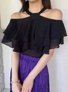 DAZY Blusa de gasa con hombros abiertos, volantes y manga corta de unicolor para mujer, primavera/verano - Negro - Ver 5