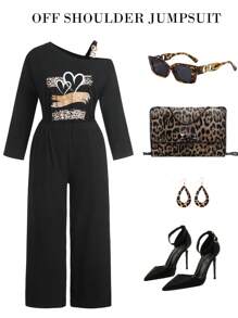 Ellevyn Salopetă neagră pentru femei, mărime plus, cu umeri goi, decolteu asimetric, decorațiuni metalice, casual, cu imprimeu leopard și inimă, tricotată, Ziua Îndrăgostiților, ținute de vacanță pentru femei, haine de Ziua Îndrăgostiților, inimă, iubită, ieșiri în oraș, vară, vintage, imprimeu ghepard, imprimeu leopard, umerii goi, salopetă neagră pentru femei - Negru - Vizualizare 1