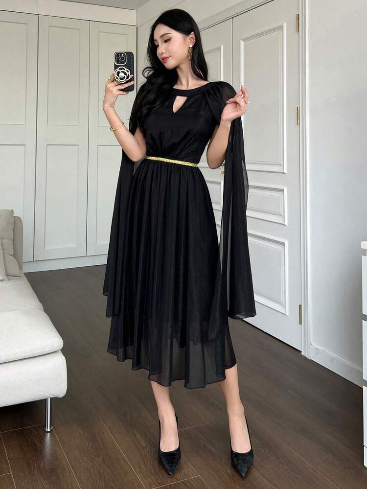 Solid Color Round Neck Batwing Sleeve Midi Dress For Women Prom Dress Sundress,Fall Dress Long Sleeve Dress Elegant Women Dresses