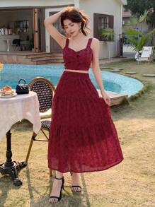 DAZY 女士两件套：镂空刺绣吊带背心和A字裙度假套装 - 紅色 - 查看 9