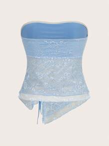 Sweetina Lace Patchwork Drawstring Asymmetrical Hem Cropped Camisole Top - Baby Blue - View 2