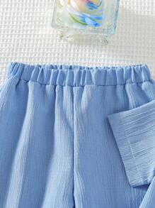 SHEIN Genkimix Kids 2 chiếc áo sơ mi trơn tay ngắn màu trơn thường ngày cho bé gái kết hợp với quần ống rộng cạp chun, bộ mùa hè - Màu xanh lam - Xem 4