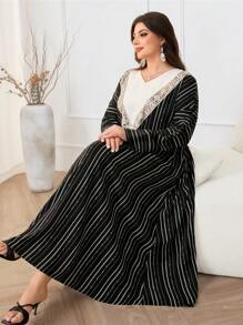 Al Najma Plus Size Women Patchwork Fringe Striped Casual Arabic Style Dress Kaftan Jalabiya Dress - Multicolor - View 6