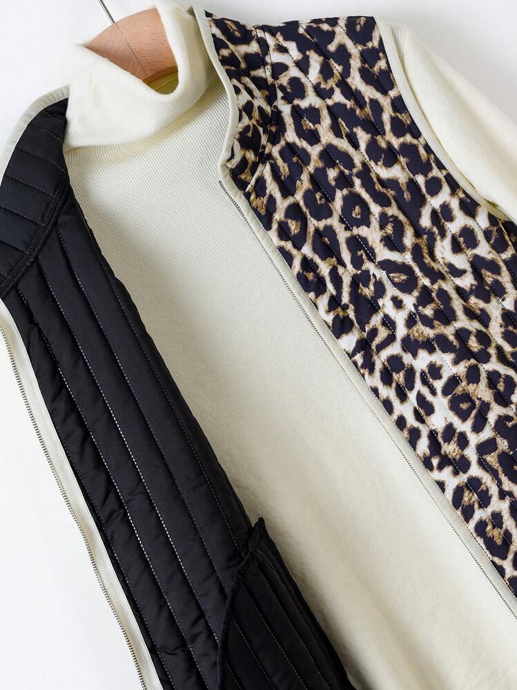 Rusticease Valentine's Day Cheetah Print Women Leopard Print Sleeveless Zipper Jacket, Casual & Chic For Daily Wear, Winter - Multicolor - View 3