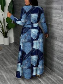 Slaydiva 休闲简约全印花牛仔效果长袖连衣裙，适合大码女士，秋冬 - 彩色 - 查看 2
