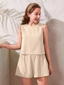 SHEIN Teen Girls' Casual Plain Texture Woven Sleeveless 2 Pieces Set, Spring/Summer - Khaki - View 3