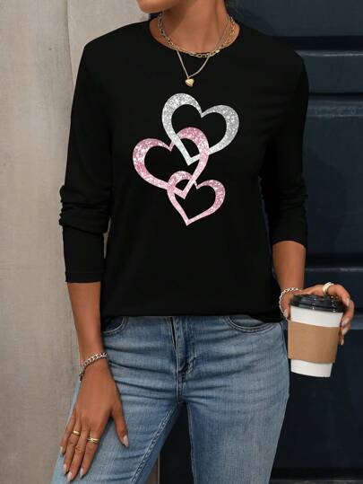 SHEIN LUNE Women's Valentine's Day Giraffe Heart Print Long Sleeve Casual T-Shirt, Spring Women's Tops Fall Cloth For Women