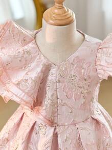 Young Girl Jacquard Weave Ruffle Collar Fitted Casual Dress - Pink - View 3