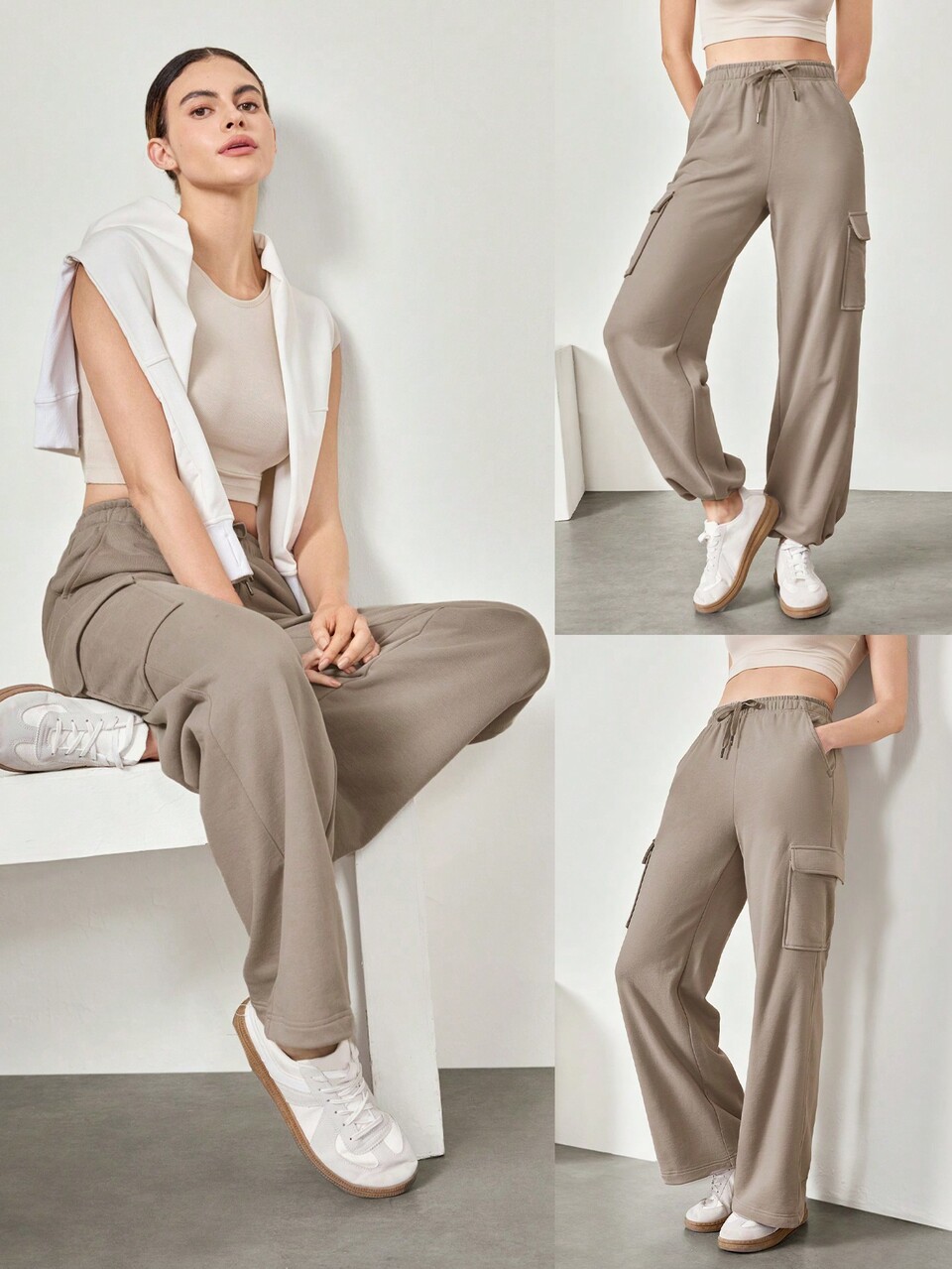 Everyday Fleece Wide Leg Adjustable Drawstring Waist Cargo Sweatpants With Side Pockets Daily Casual Full Winter