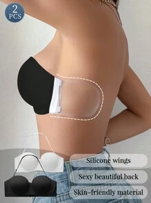 2 件装 女士婚礼露背低胸文胸，无钢圈聚拢文胸，无肩带粘合文胸，黑白 - 黑與白 - 查看 8