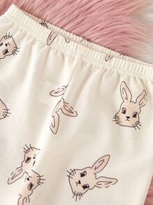 2pcs/Set Young Girl Cute Rabbit Print Short Sleeve Shirt And Long Pants Home Outfit, Casual And Comfortable - Apricot - View 6