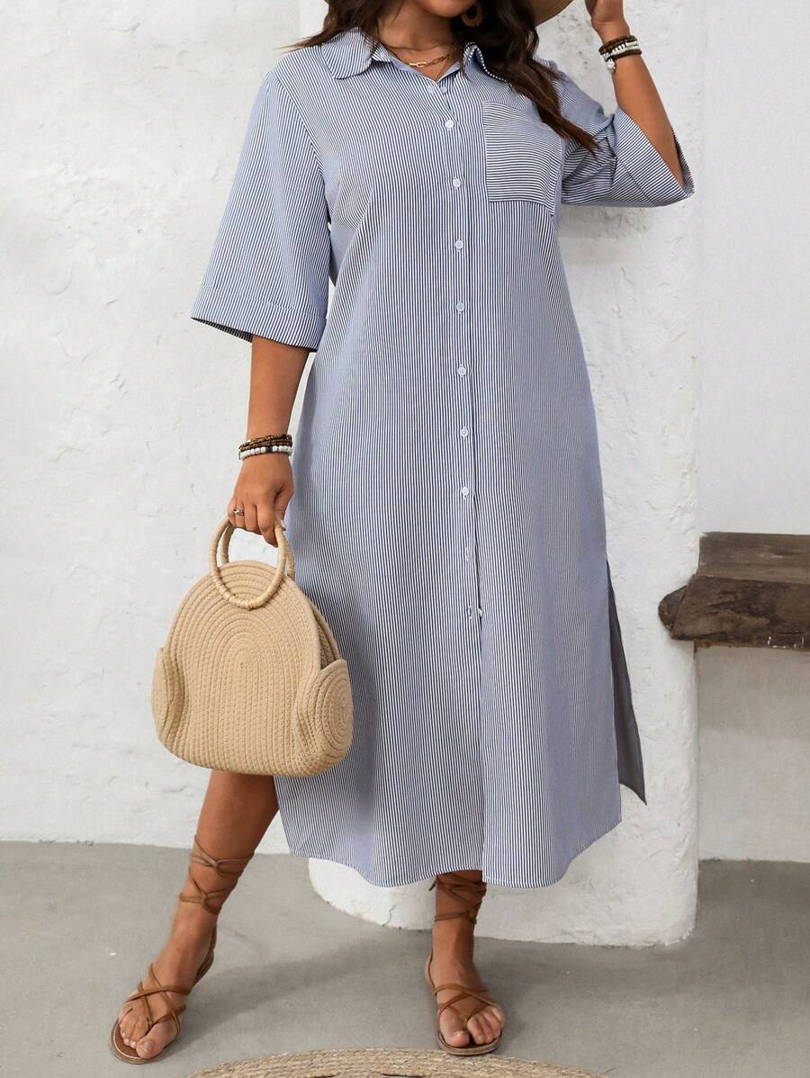 SHEIN LUNE Damen Große Größenkleid im französischen eleganten Pendler-Lässig-Urlaubsstil mit Stehkragen, Langarm, Streifenmuster, knielanges Design, für Frühling/Sommer - Königsblau - Übersicht 1