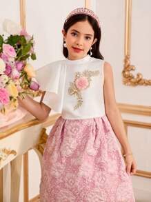 Tween-Mädchen Lässiges Kleid aus Jacquardstoff mit Stehkragen, asymmetrischem Rüschensaum