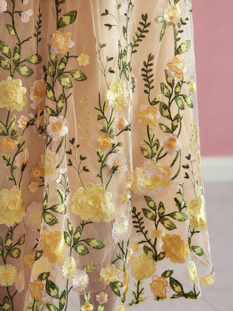 FLORAL EMBROIDERY MESH FLOWY SKIRT,SPRING/SUMMER