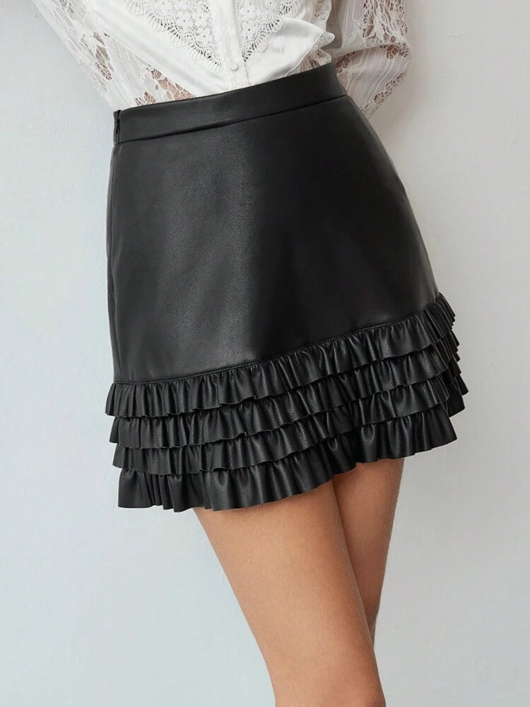 MOTF STUDIO PU LEATHER RUFFLE HEM SKIRT