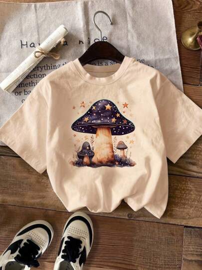 INAWLY Camiseta de mujer de manga corta de cuello redondo, cómoda y versátil para uso diario, con estampado de setas