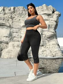 SHEIN EZwear Plus Size Pocket Minimalist Slim Fit High Waist Leggings