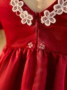 SHEIN 女宝宝可爱花朵蕾丝边短袖夏装 - 紅色 - 查看 5