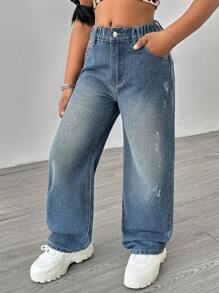 SHEIN Tween Girls Y2K 时尚石洗直筒牛仔裤，带斜插袋，休闲牛仔裤，适合户外和日常穿着 - 中等水洗藍 - 查看 5